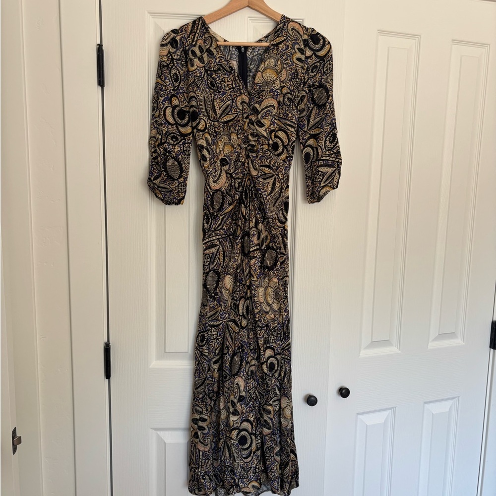 Paisley-Print Midi Dress in Black and Tan
